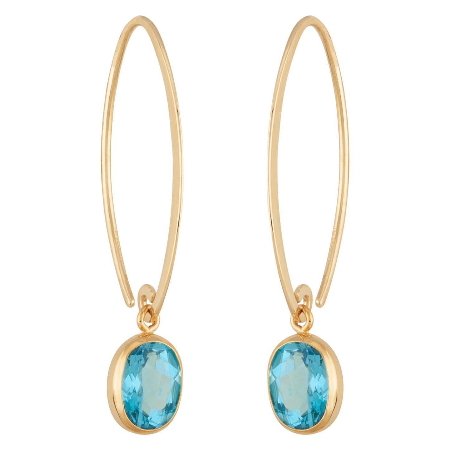 14K Yellow Gold Simple Sweep 8x6mm Blue Topaz Threader Wire Dangle Earrings