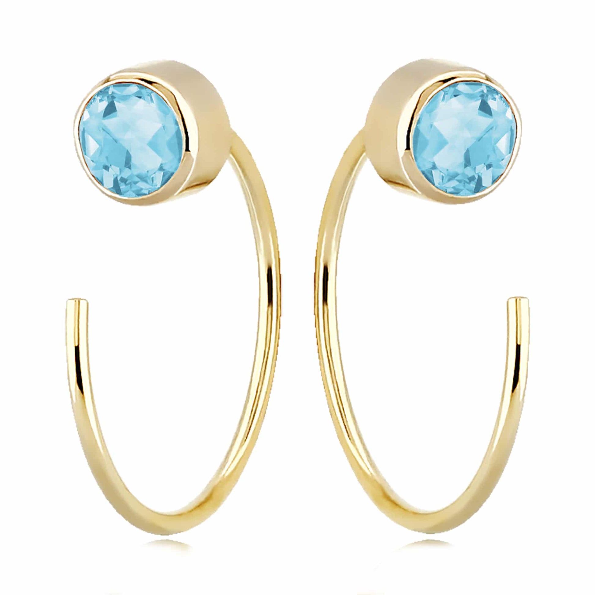 14K Yellow Gold Simple Bar Hoop Earrings with Swiss Blue Topaz by Carla & Nancy B.
