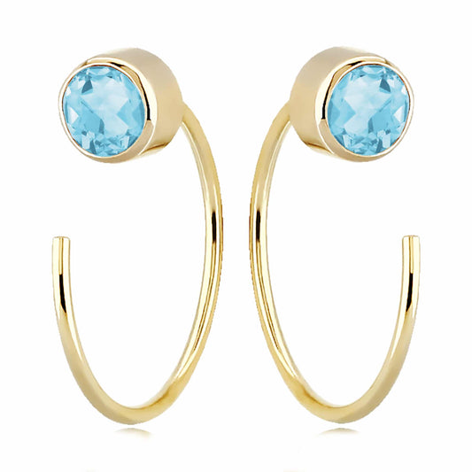 14K Yellow Gold Simple Bar Hoop Earrings with Swiss Blue Topaz by Carla & Nancy B.