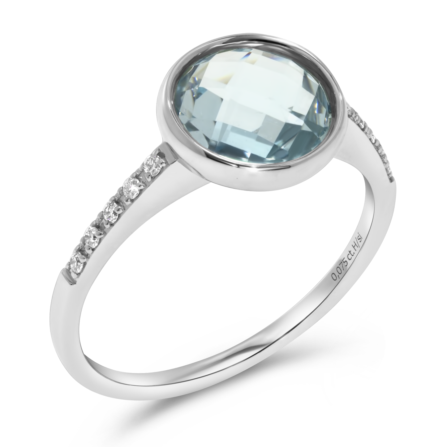14K White Gold Checkerboard Blue Topaz & Diamond Ring