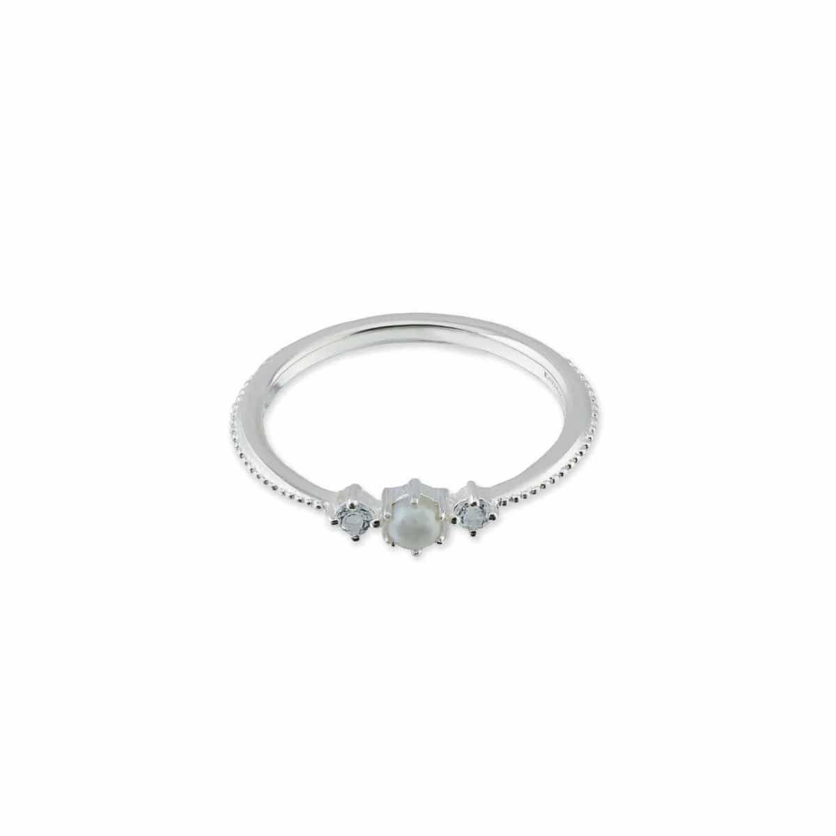 Sterling Silver Dainty Pearl and White Topaz Three Stone Ring