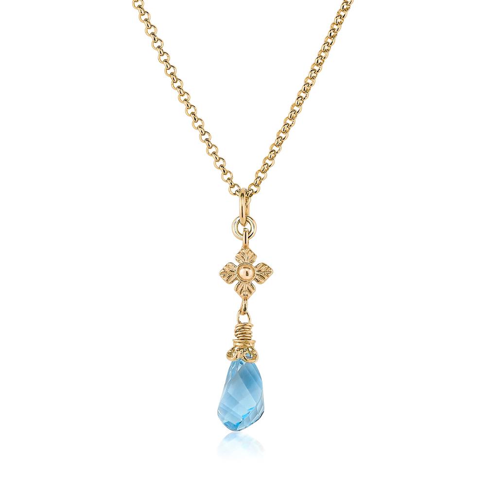 18K Gold Vermeil Faceted Blue Topaz Necklace with Flower Detail by Anatoli