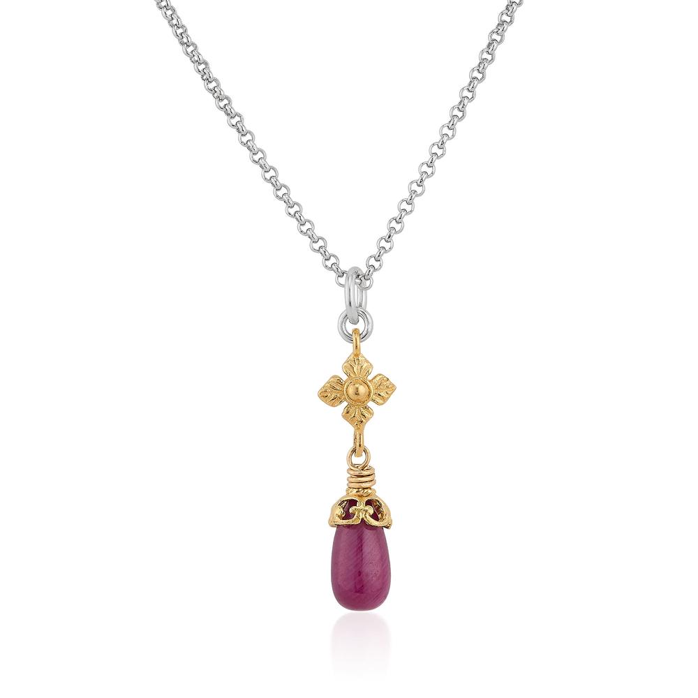 Sterling Silver and 18K Gold Vermeil Ruby Doublet Necklace with Flower Detail by Anatoli