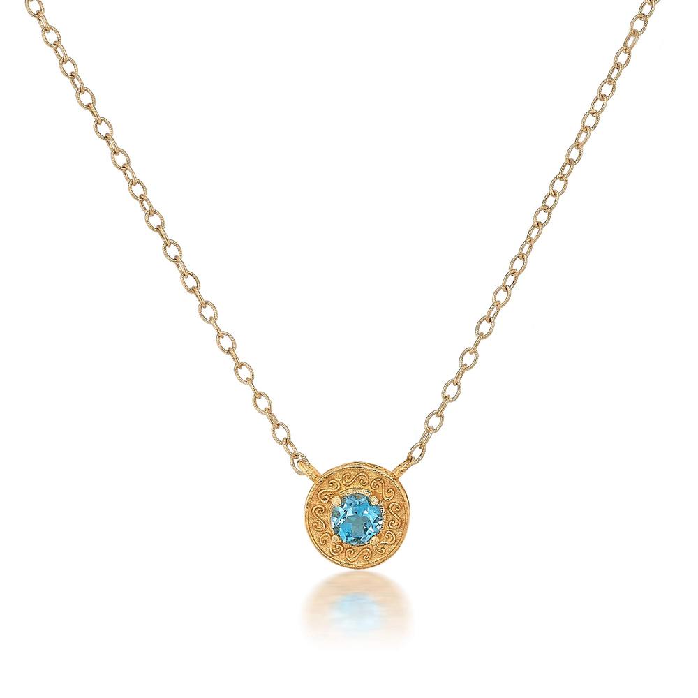 18K Gold Vermeil Blue Topaz Engraved Disc Necklace by Anatoli