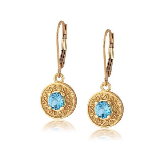 18K Gold Vermeil Engraved Blue Topaz Disc Dangle Earrings by Anatoli