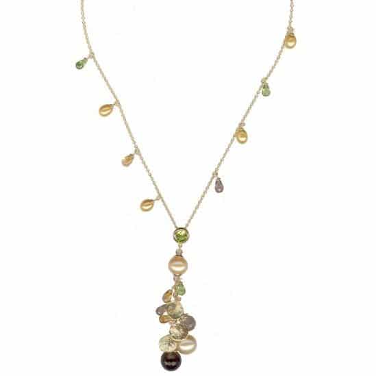 14K Yellow Gold Necklace with Freshwater Pearls, Peridot, and Quartz by Cherie Dori