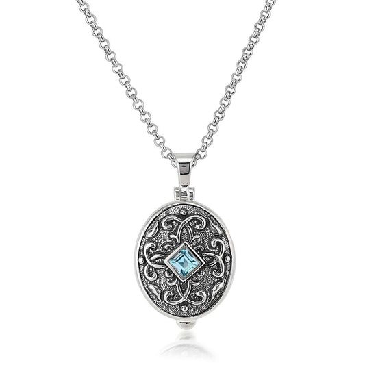 Sterling Silver Arabesque Oval Locket with a Blue Topaz by Anatoli
