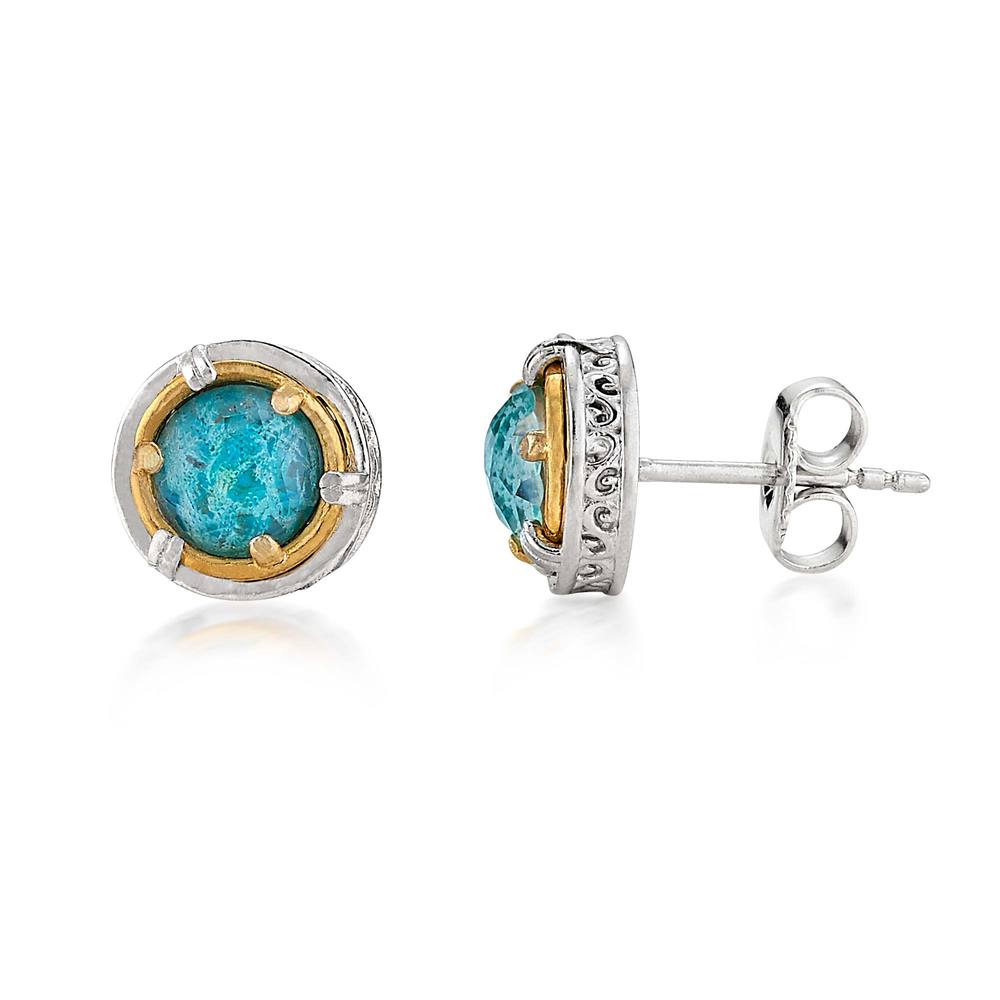 Sterling Silver and 18K Gold Vermeil Petite Chrysocolla Doublet Stud Earrings by Anatoli