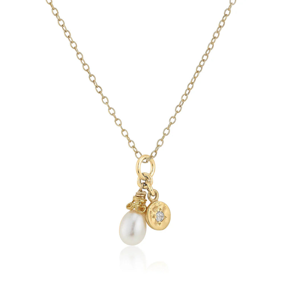 18K Gold Vermeil Hammered Charm Necklace in White Sapphire with Pearl Teardrop