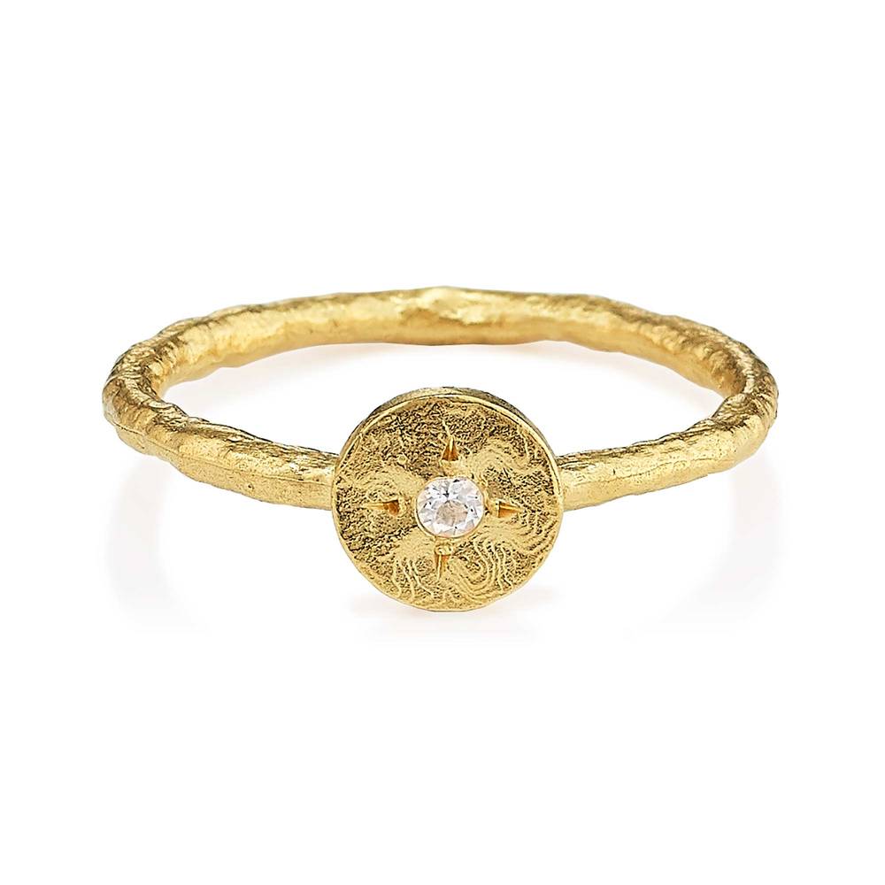 18K Gold Vermeil Petite Hammered Disc Ring with a White Sapphire by Anatoli