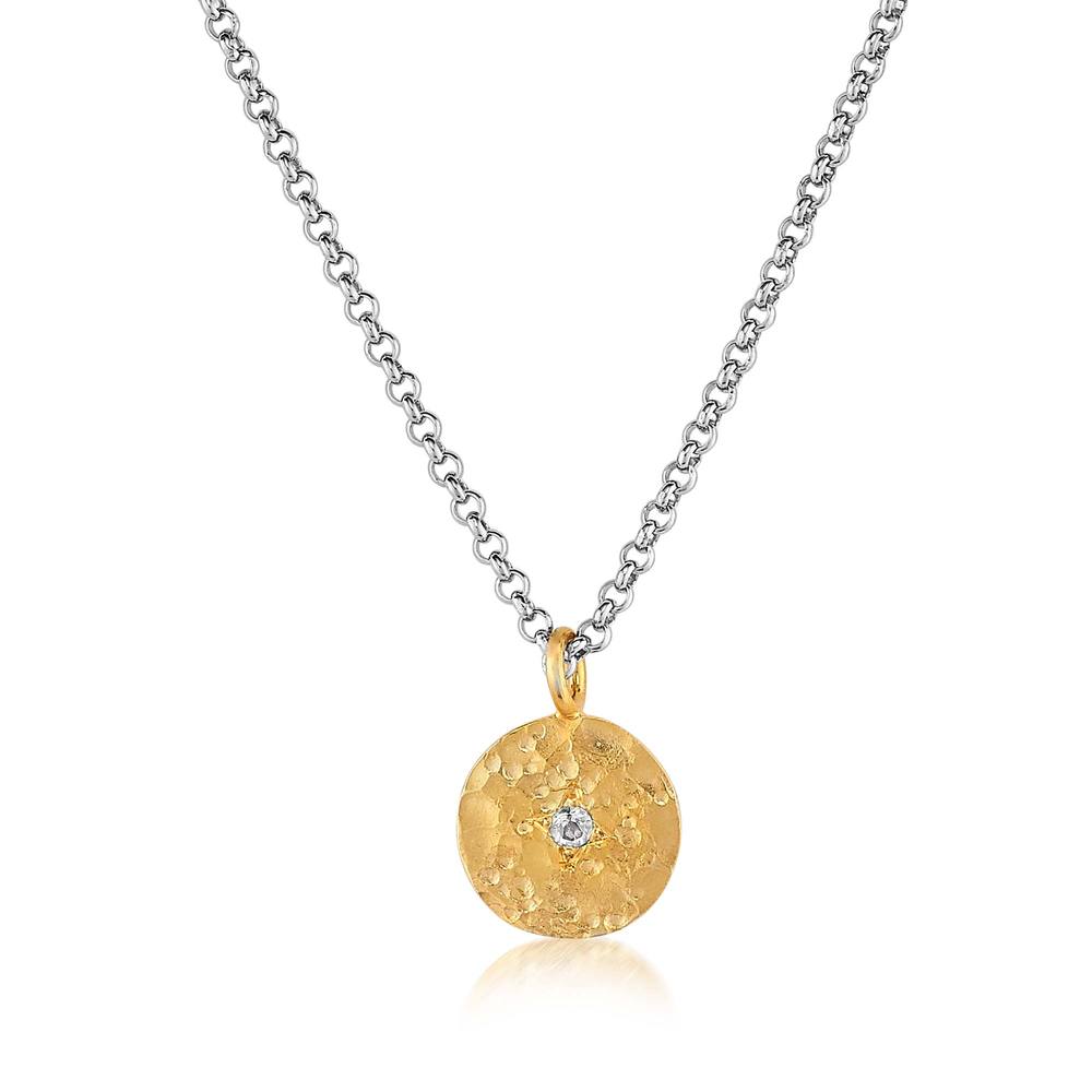 Sterling Silver and 18K Gold Vermeil Hammered Disc Necklace with White Sapphire by Anatoli