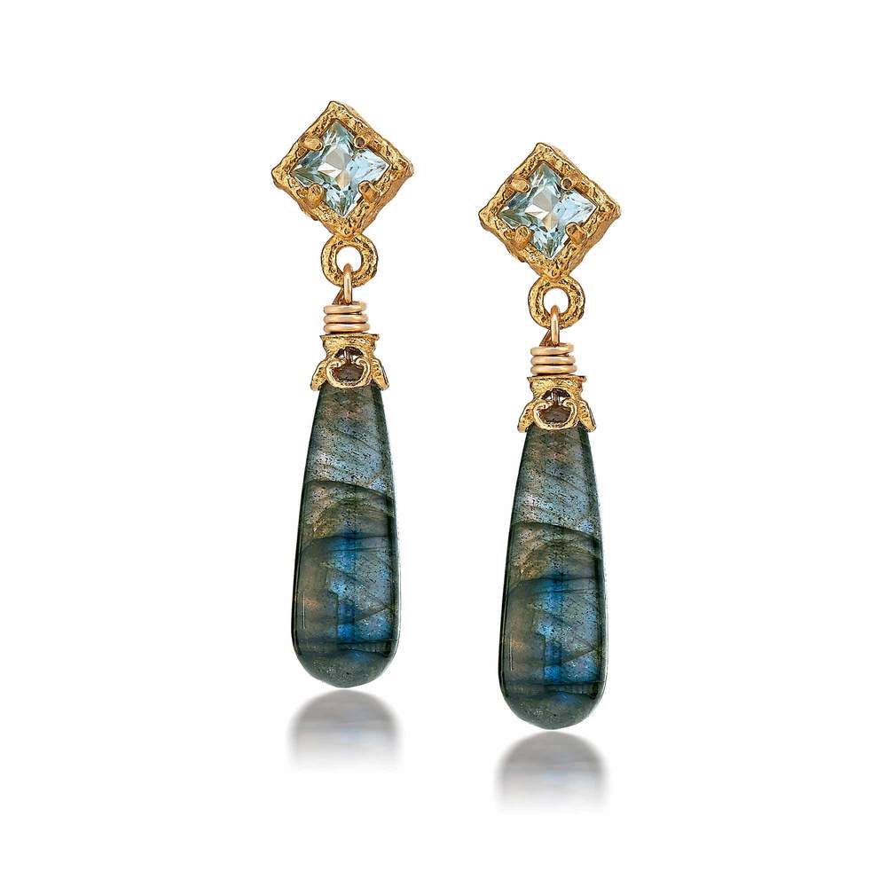 18K Gold Vermeil Labradorite and Blue Topaz Dangle Earrings by Anatoli