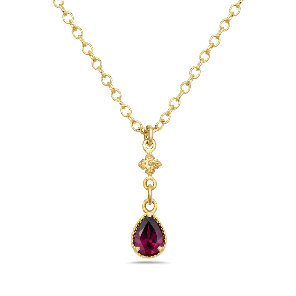 18K Gold Vermeil Petite Flower Necklace with Rhodolite Garnet Teardrop