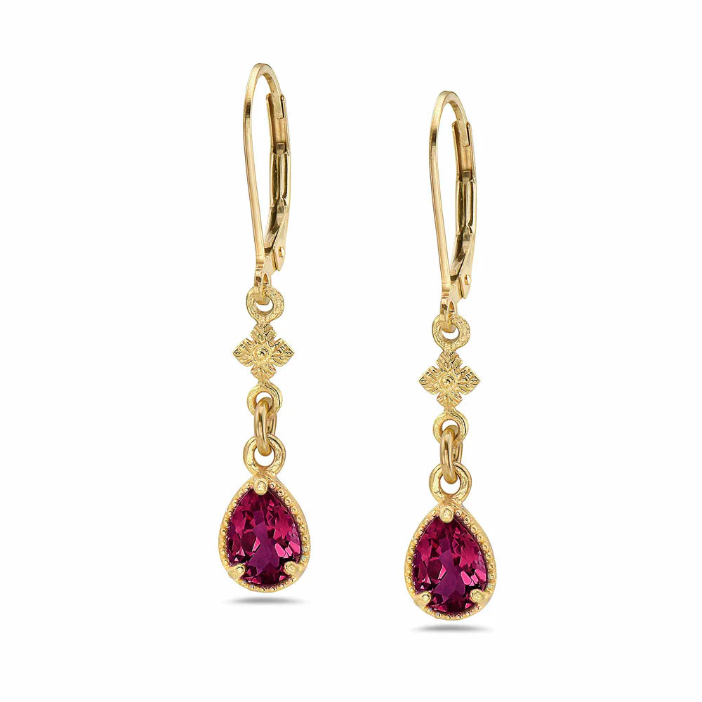18K Gold Vermeil Petite Flower Earrings with Rhodolite Garnet Teardrop