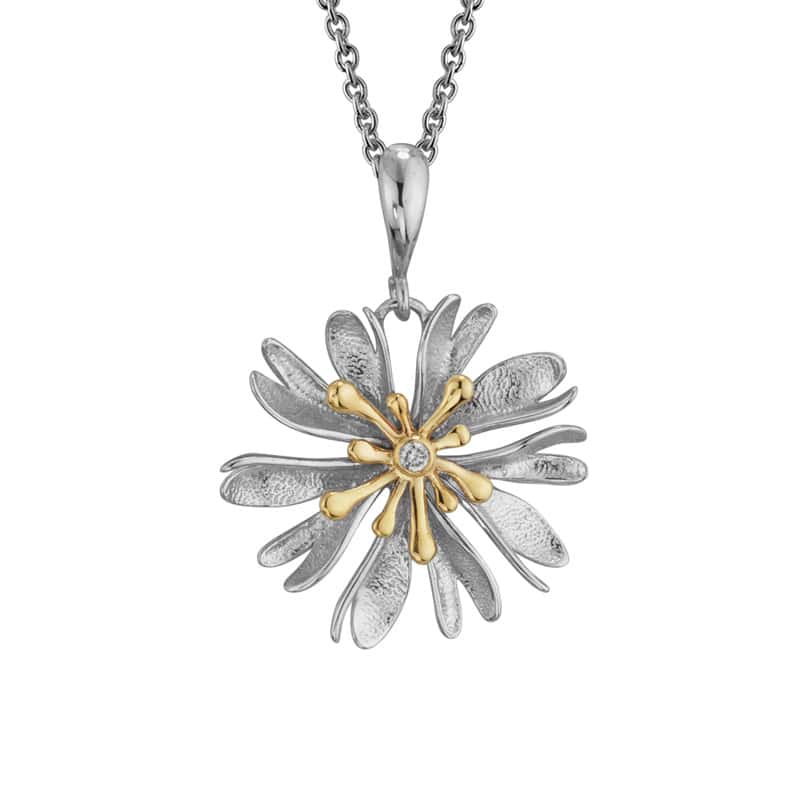 Sterling Silver, Rhodium and 14K Yellow Gold Flower Necklace with Diamond by The Little Jewel
