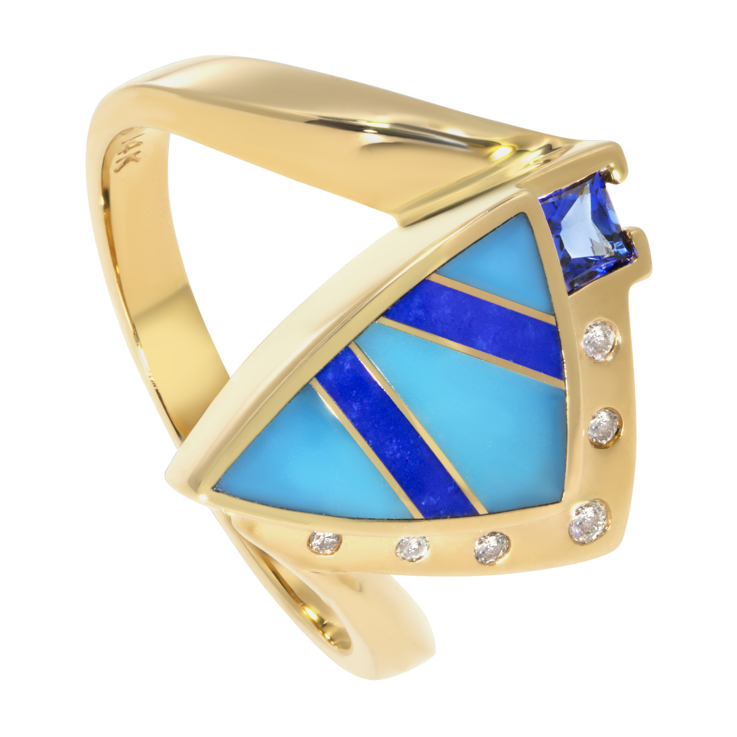 14K Yellow Gold Inlay Turquoise & Lapis Ring