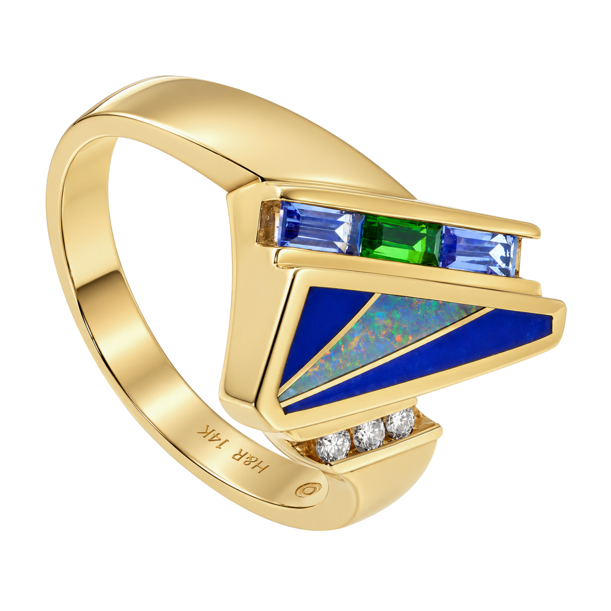 14K Yellow Gold Inlay Ring with Opal & Lapis