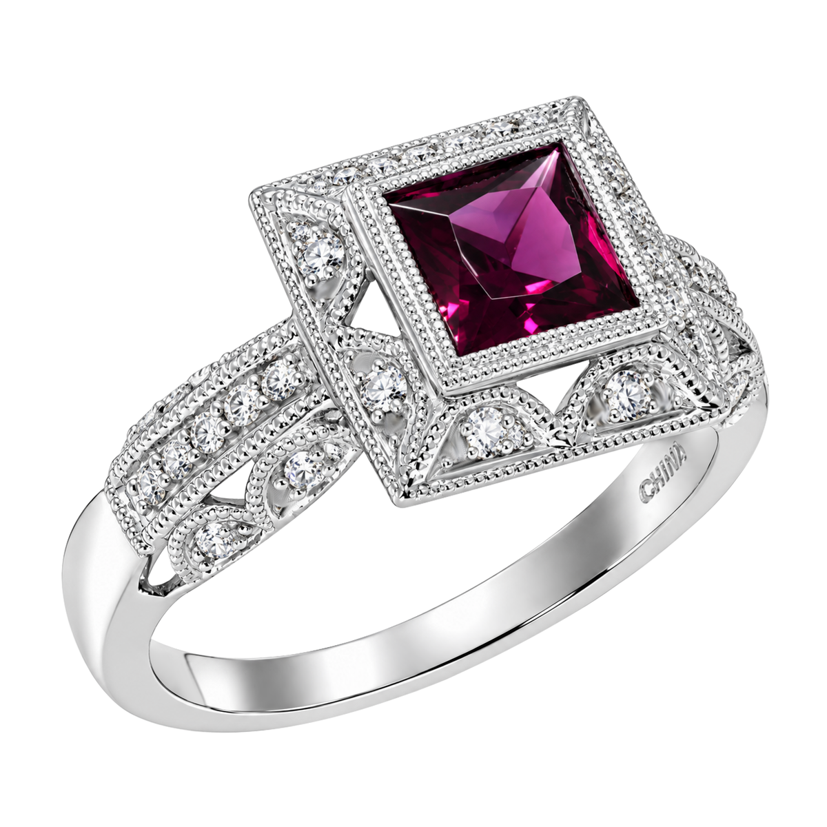 14K White Gold Square Diamond Filigree Garnet Ring