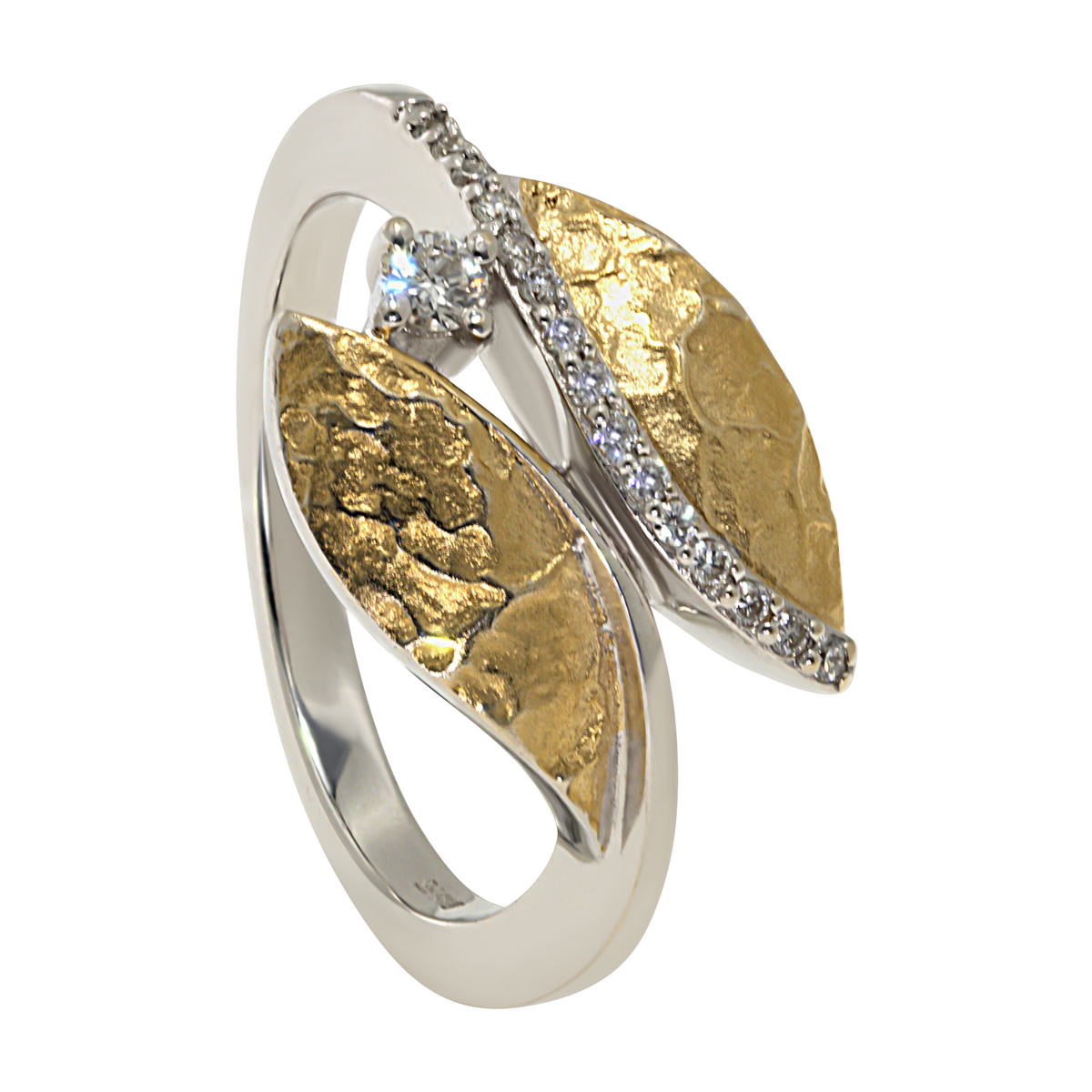 14K Bicolored Double Leaf Diamond Ring