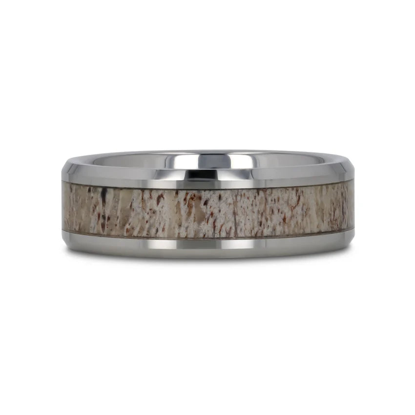 BUCK Polished Beveled Tungsten Carbide Men's Wedding Band with Ombre Deer Antler Inlay