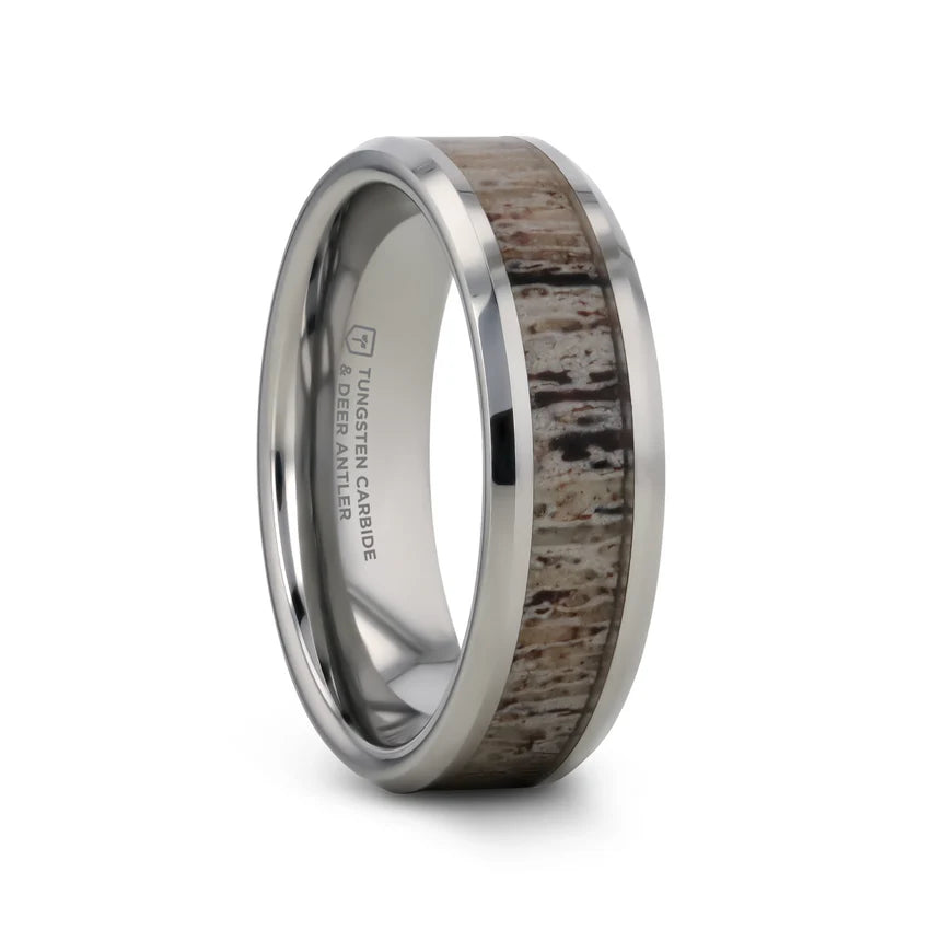 BUCK Polished Beveled Tungsten Carbide Men's Wedding Band with Ombre Deer Antler Inlay