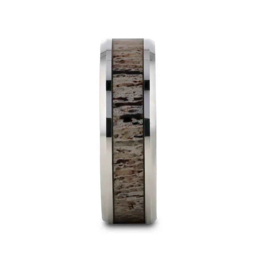 BUCK Polished Beveled Tungsten Carbide Men's Wedding Band with Ombre Deer Antler Inlay