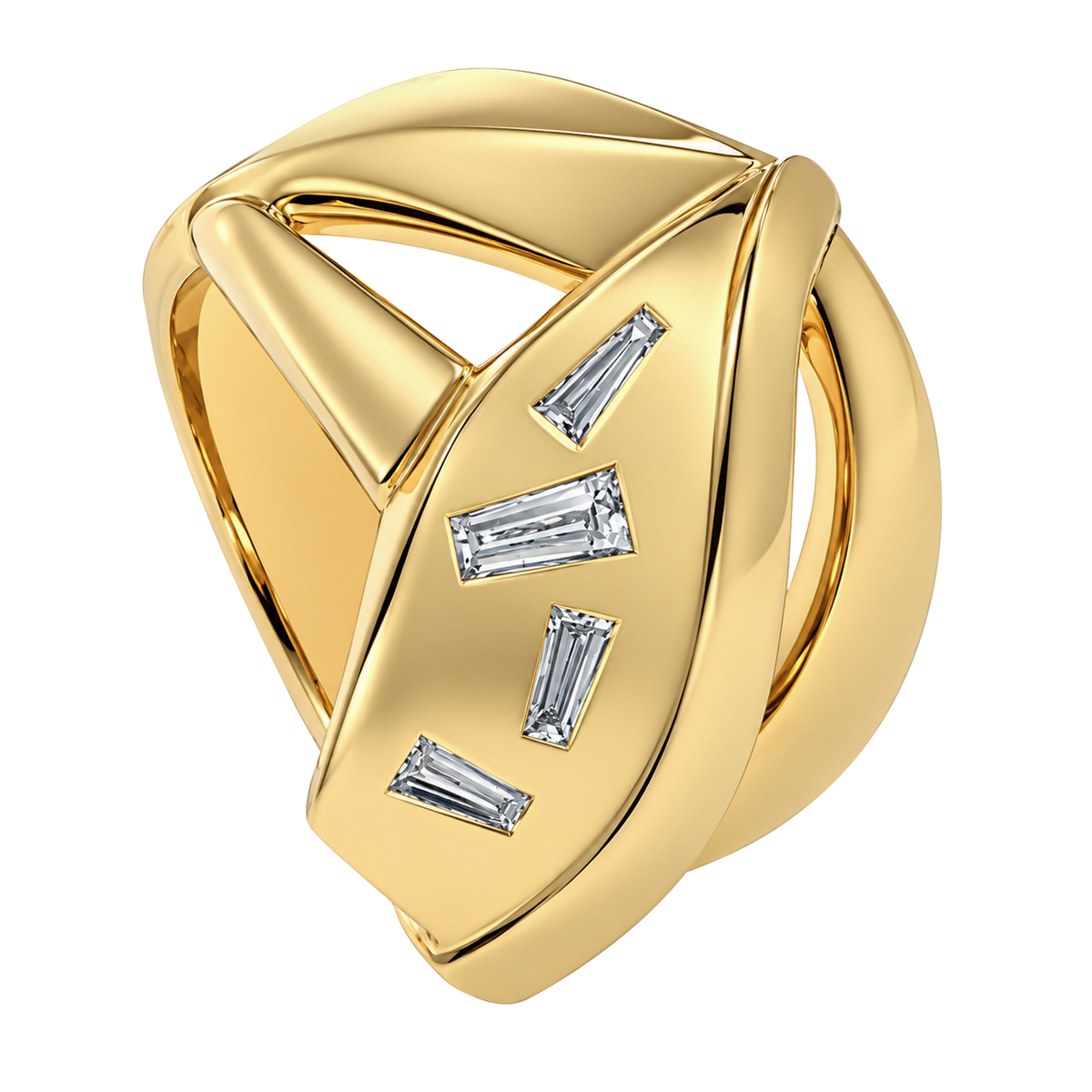 14K Yellow Gold Geometric Wide Band with Baguette Diamonds