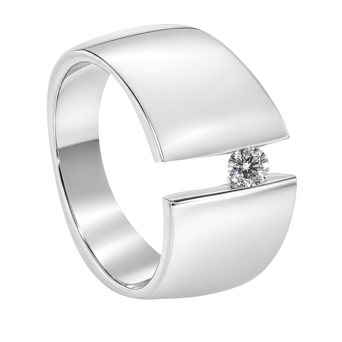14K White Gold Wide Band with Tension Set Diamond Ring