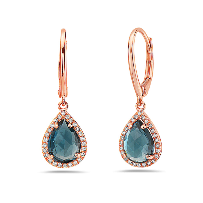 14K Rose Gold Pear Shaped Blue Topaz and Diamond Earrings by Bassali