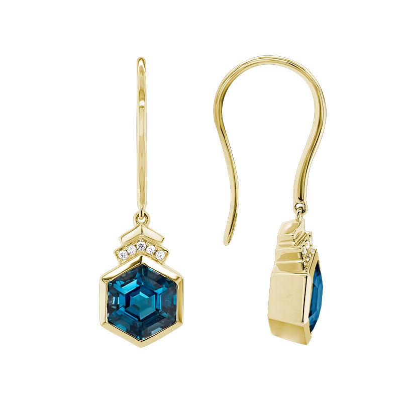 14K Yellow Gold London Blue Topaz Hexagon Dangle Earrings with Accent Diamonds by The Little Jewel