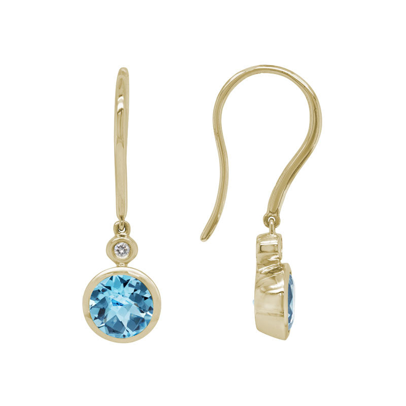 14K Yellow Gold Bezel Set Swiss Blue Topaz Dangle Earrings