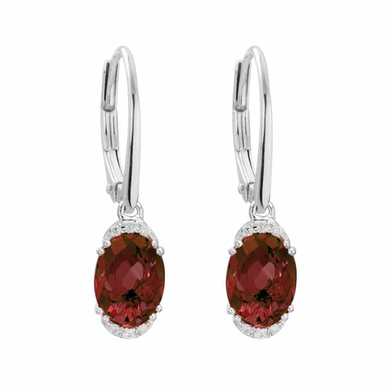 14K White Gold Oval Garnet Hinged Dangle Earrings with Diamonds by The Little Jewel