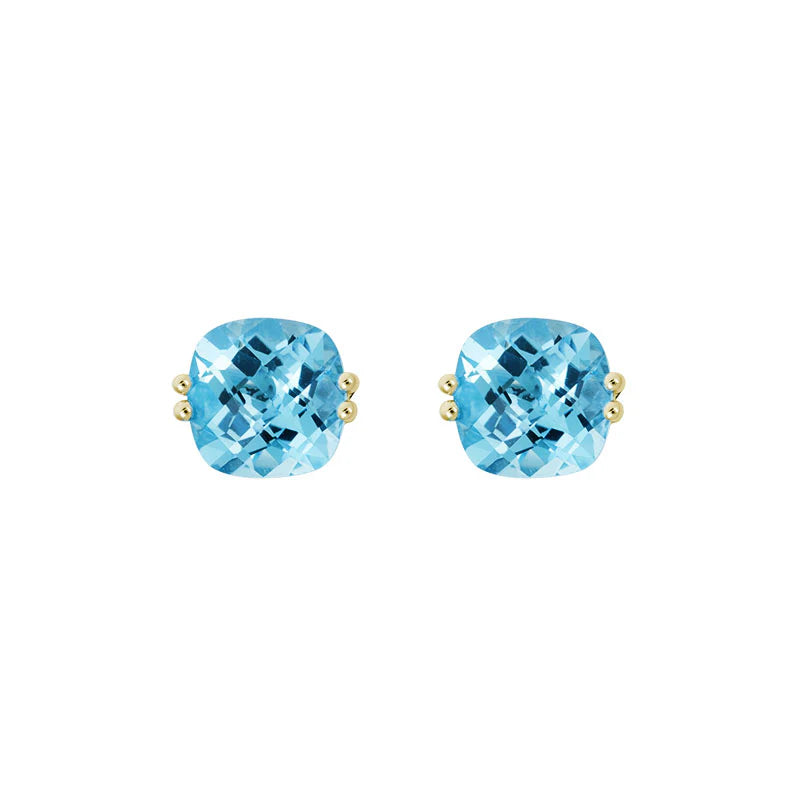 14K Yellow Gold Cushion Cut Blue Topaz Stud Earrings