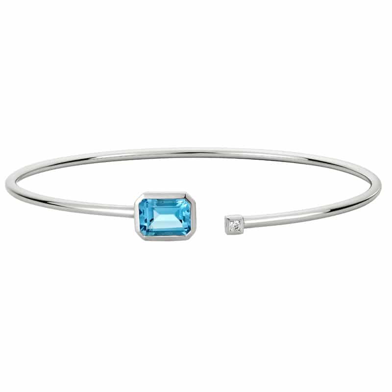 14K White Gold Open Bangle Bracelet with Blue Topaz and Diamond by The Little Jewel