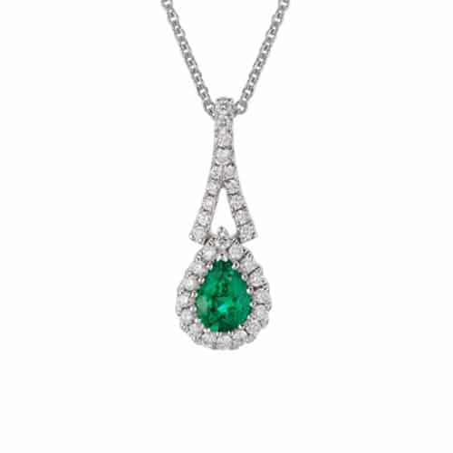 14K White Gold Pear Shaped Green Emerald and Diamond Pendant with Necklace by The Little Jewel