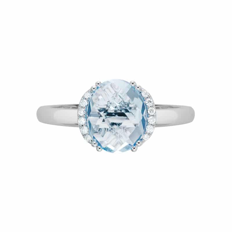 14K White Gold Aquamarine Ring with Surrounding Diamonds by The Little Jewel