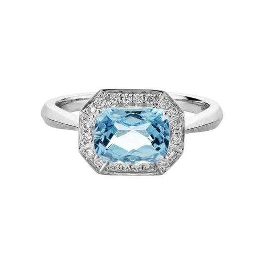 14K White Gold Aquamarine Octagonal Ring with Diamonds by The Little Jewel