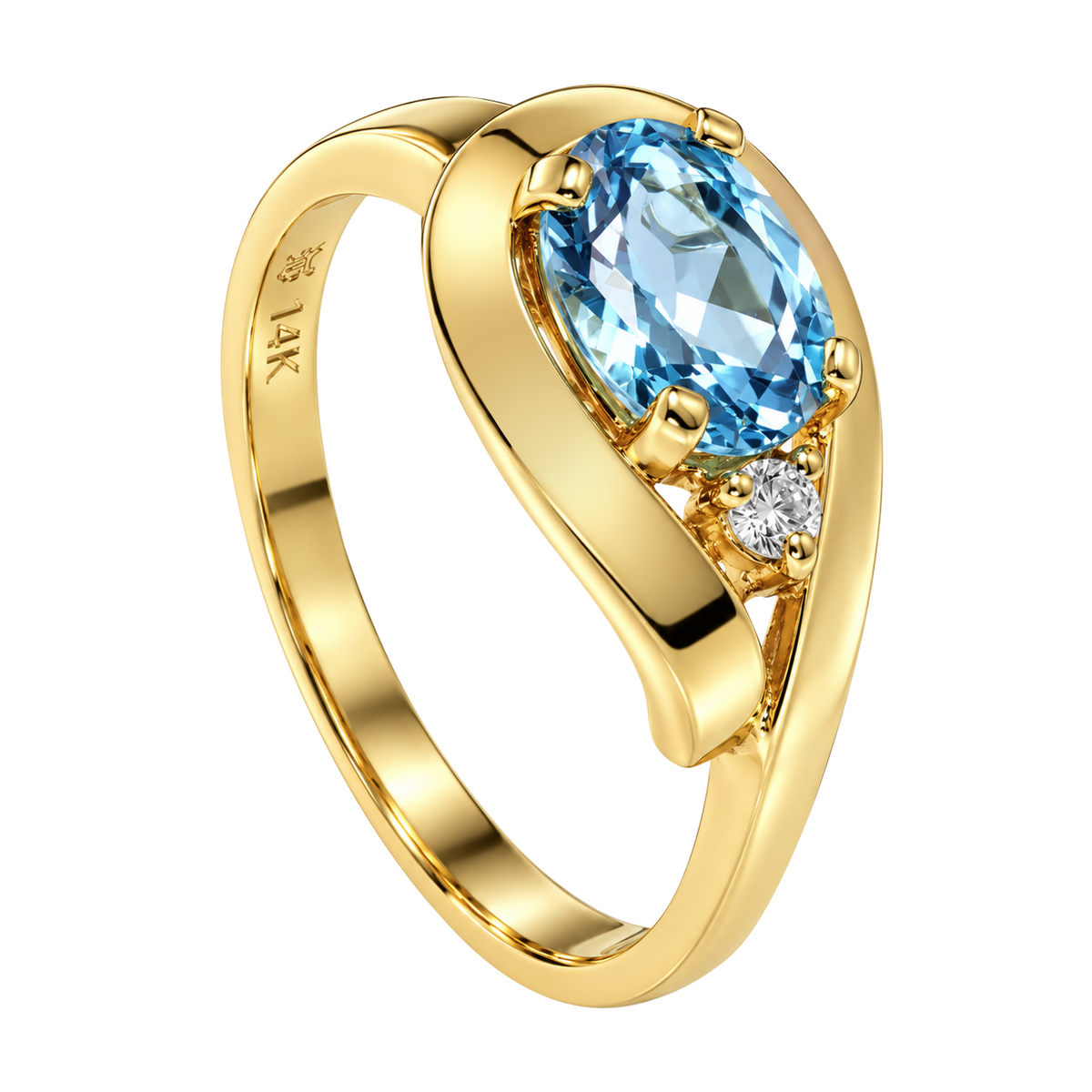 14K Yellow Gold Horizontal Oval Blue Topaz Ring