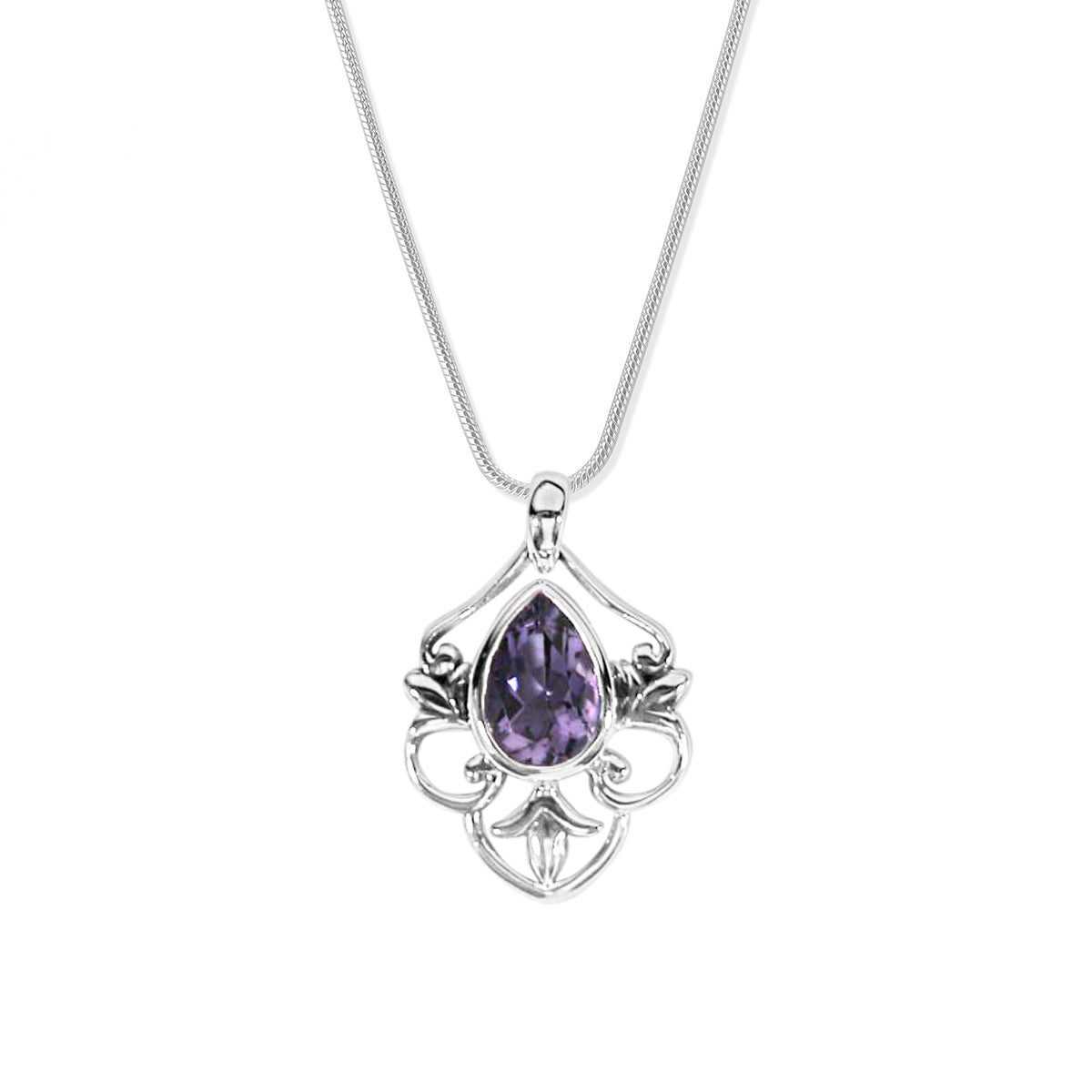 Sterling Silver Filigree Pear Amethyst 18 inch Necklace