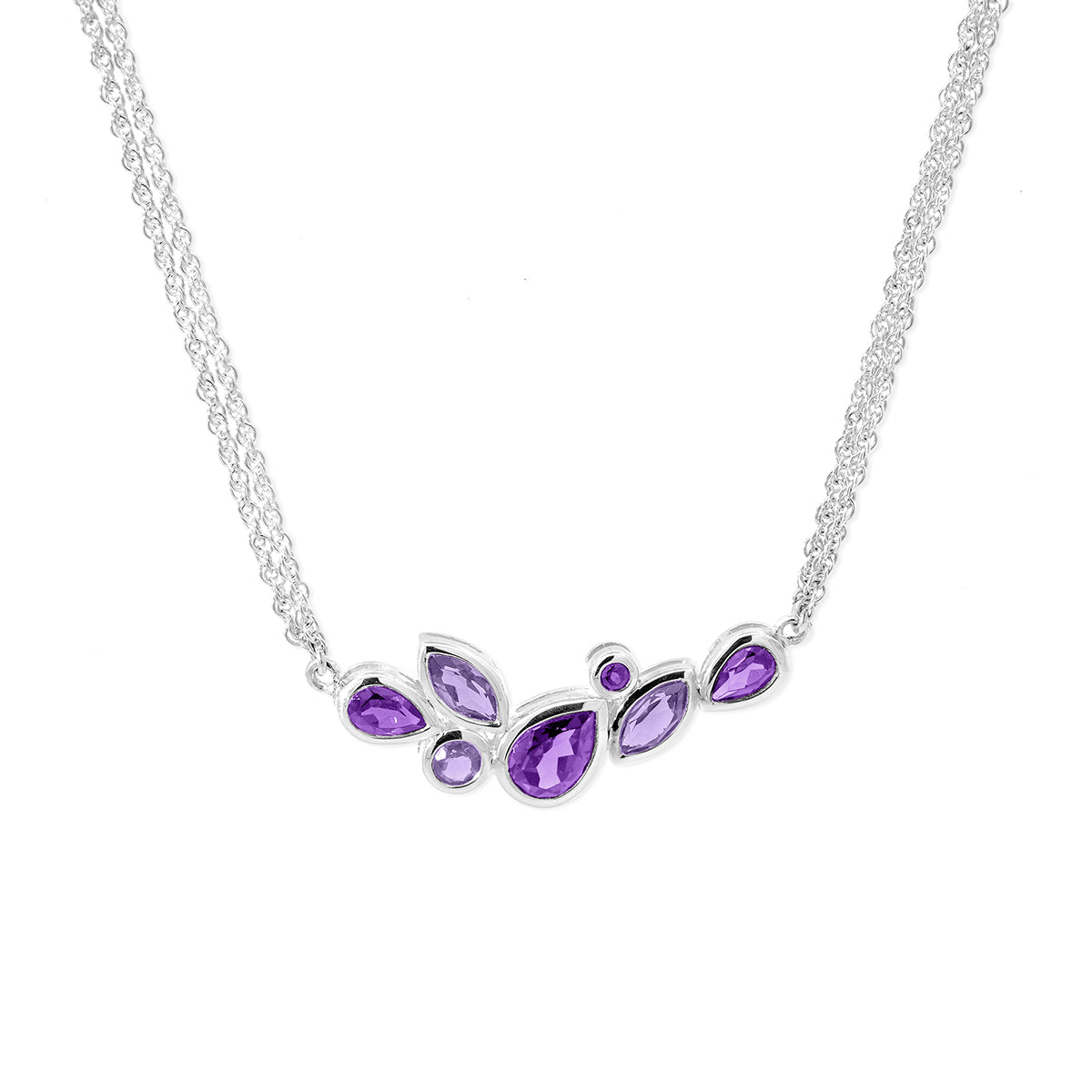 Sterling Silver Amethyst and Light Amethyst Cluster 18 to 20 inch Necklace