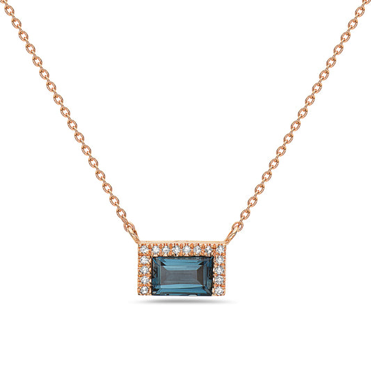 14K Rose Gold Rectangle Blue Topaz and Diamond Necklace by Bassali