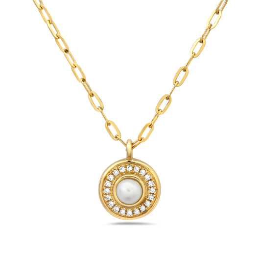 14K Yellow Gold Pearl and Diamond Halo Necklace
