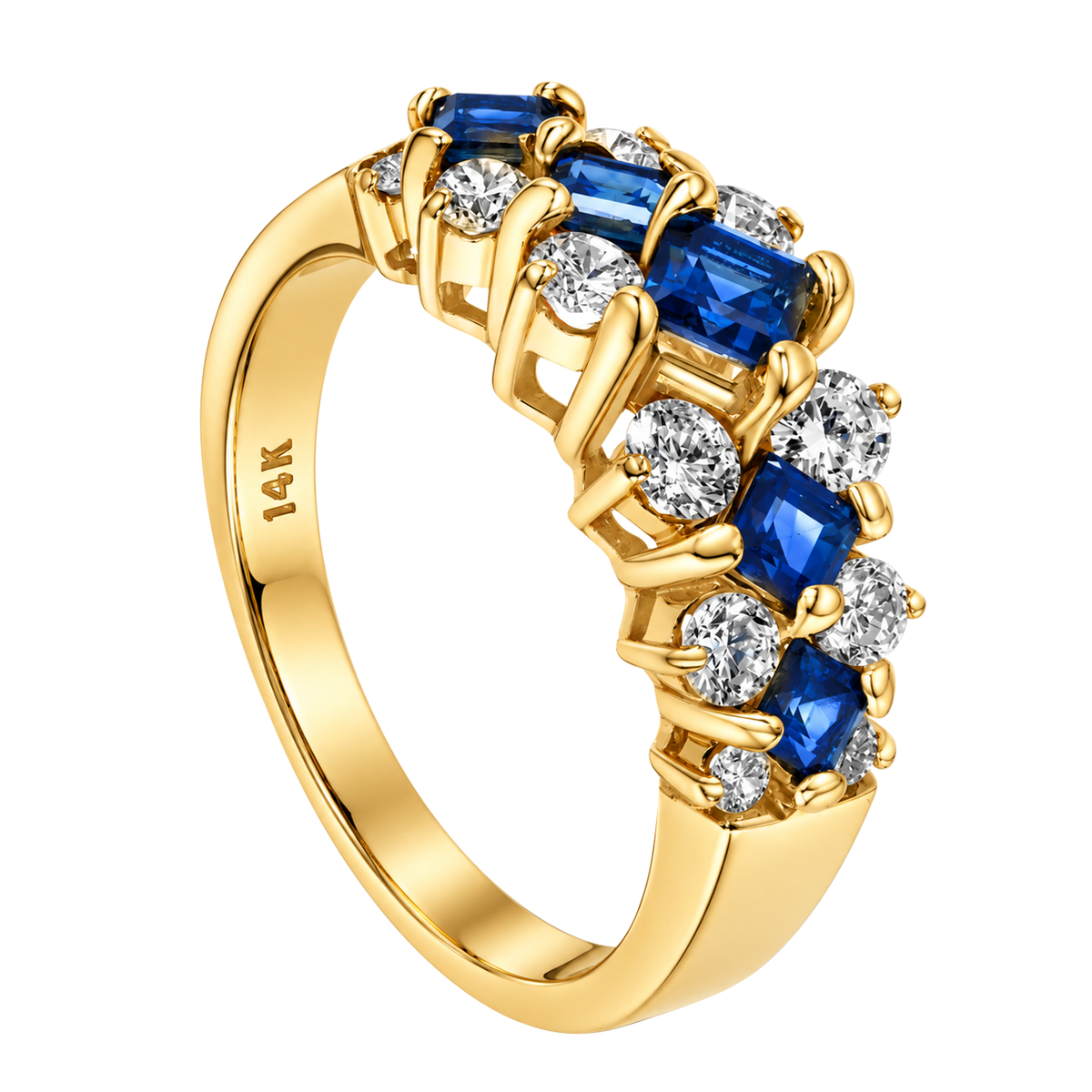 14K Yellow Gold Square Sapphires & Diamond Ring