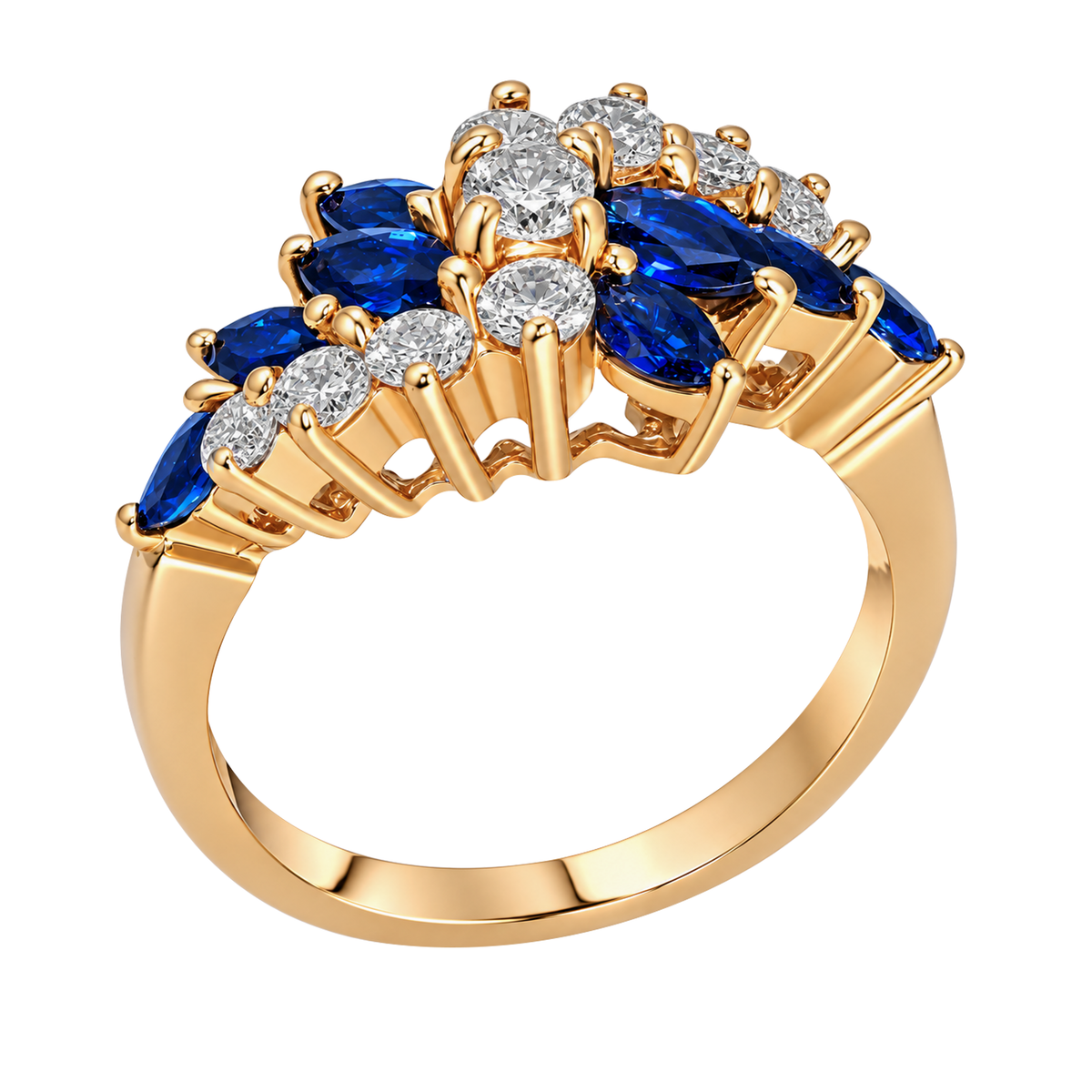14K Yellow Gold Marque Sapphire and Diamond Ring