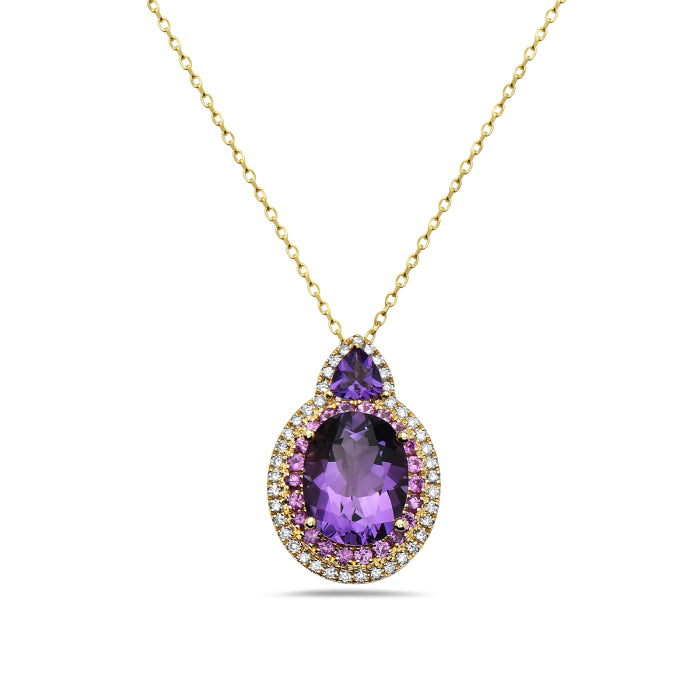 14K Yellow Gold Amethyst Pendant with Surrounding Pink Sapphires and Diamonds