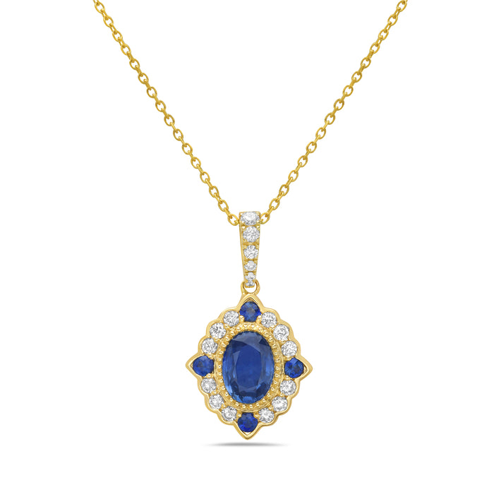 14 Karat Yellow Gold Sapphire Pendant with Diamonds