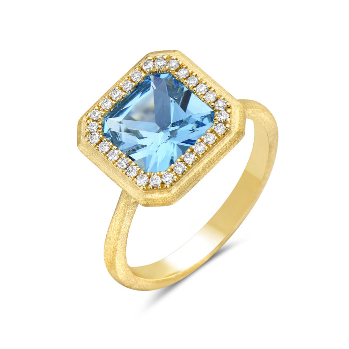 14 Karat Yellow Gold Square Blue Topaz Ring with Diamond Halo
