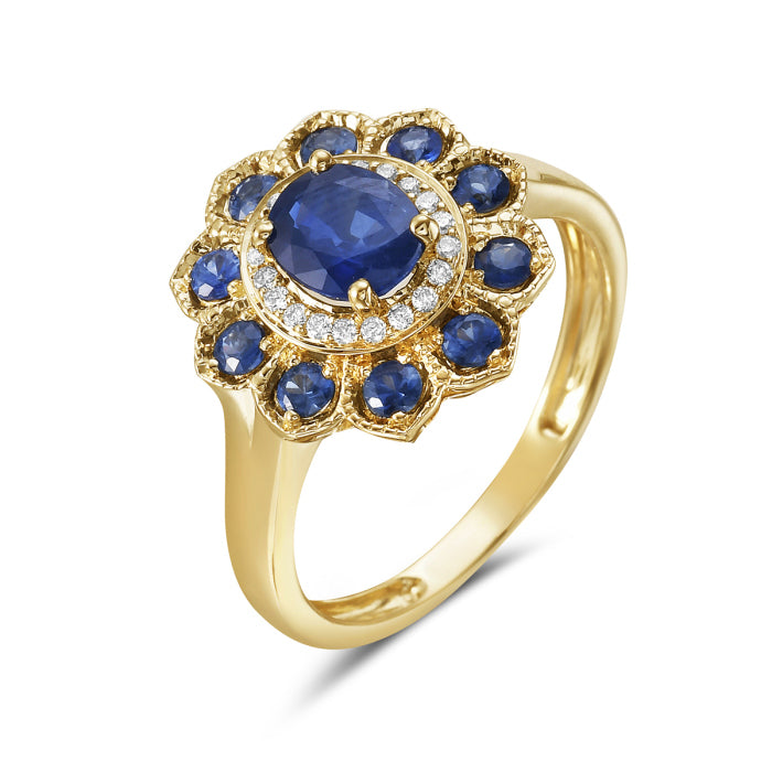 14K Yellow Gold Sapphire Halo Ring with Diamonds