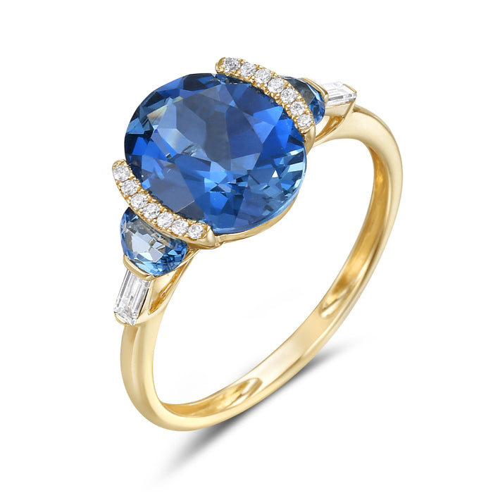 14K Yellow Gold Blue Topaz Split Halo Ring with Side Diamonds and Topaz