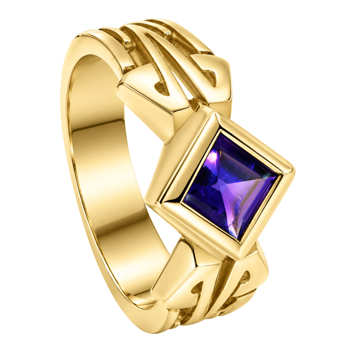 14K Yellow Gold Square Cut Amethyst Bezel Set Ring